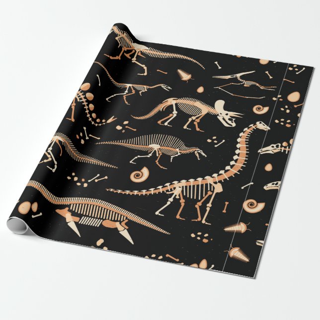 Skeletons of dinosaurs and fossils pattern wrapping paper (Unrolled)