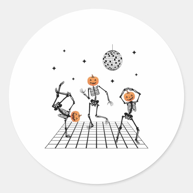 Skeletons With Pumpkin Heads Dancing And Disco Bal Classic Round Sticker (Front)