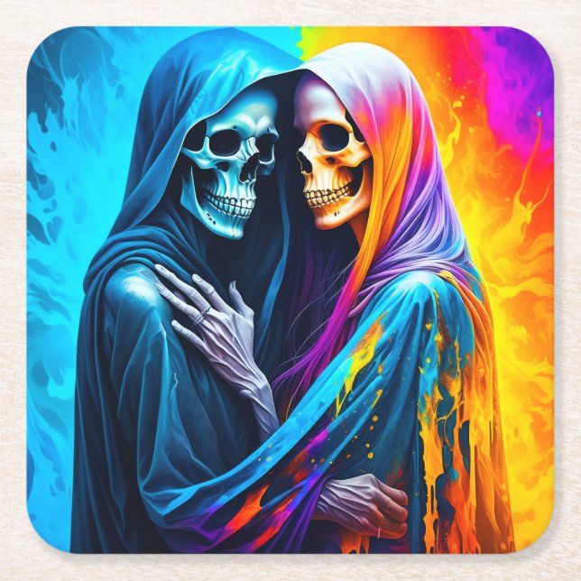 Skeletons Wrapped in a Rainbow Square Paper Coaster (Front)