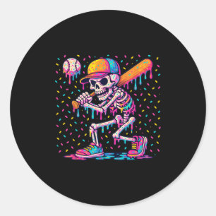 Skelton Playing Baseball Halloween Baseball Drip B Classic Round Sticker