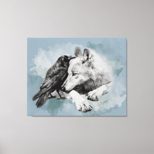 Sketch Black and White Wolf and Crow  Canvas Print