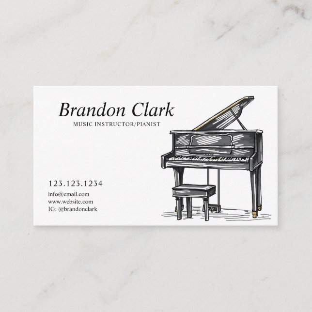 Sketch Black & White Piano with Bench Business Card (Front)