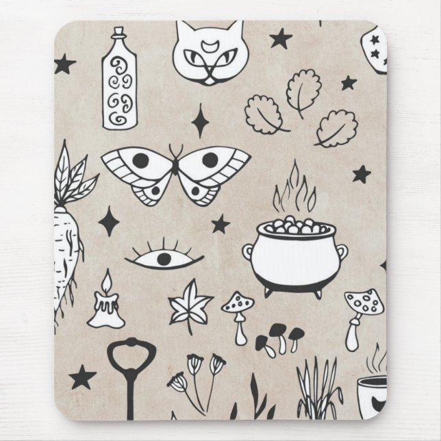 Sketch butterfly cat bottle leaves star distressed mouse mat (Front)