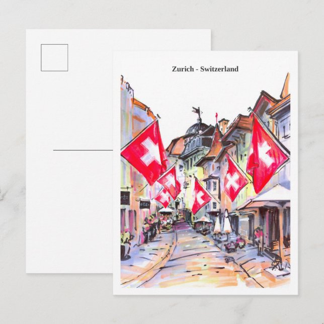 Sketch cozy street Zurich Switzerland Postcard (Front/Back)