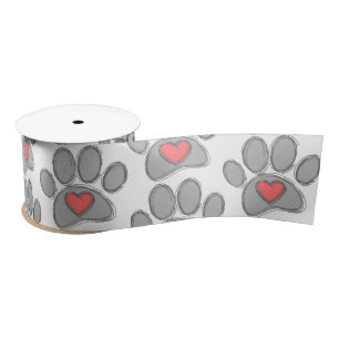 Sketch Dog Paw Red Heart Art Satin Ribbon