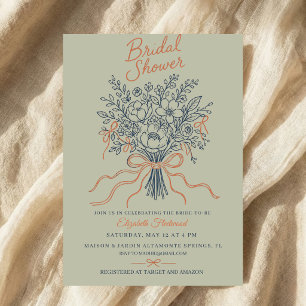 Sketch Floral Bouquet Bridal Shower Green Coquette Invitation