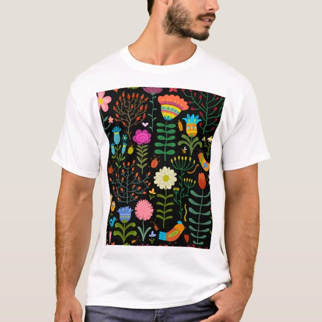 Sketch floral, seamless artistic pattern. T-Shirt (Front)
