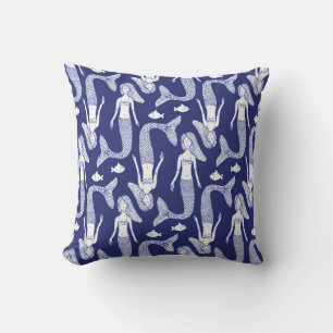 Sketch mermaid and fish pattern in vintage style, cushion