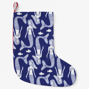Sketch mermaid and fish pattern in vintage style, small christmas stocking