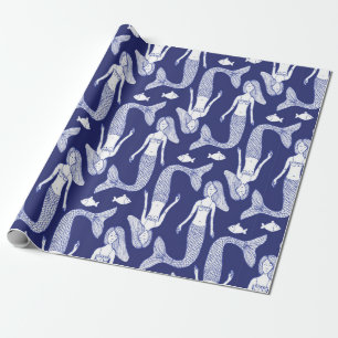 Sketch mermaid and fish pattern in vintage style,  wrapping paper