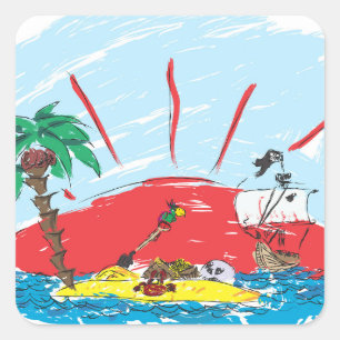 sketch of a treasure island and pirate ship square sticker