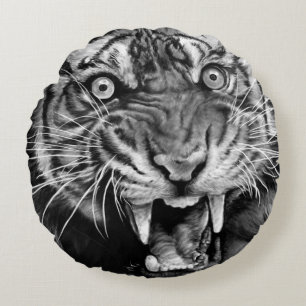 Sketch of a wild tiger in black and whiteblack,whi round cushion