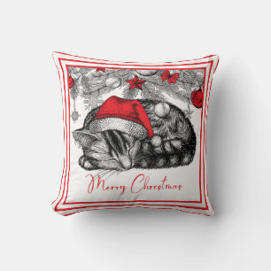 Sketch of Kitten Under Christmas Tree Ornaments Cushion