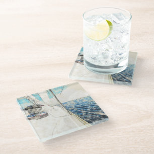 Sketch of sail vessel surfing through sea glass coaster