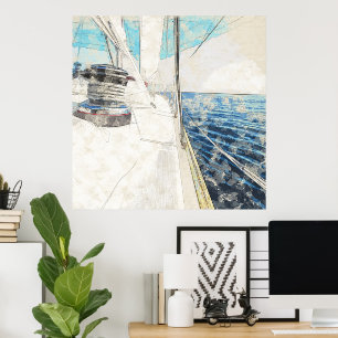Sketch of sail vessel surfing through sea poster
