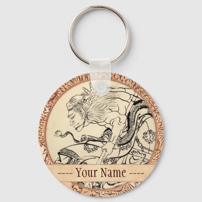 Sketch of Samurai Warrior with lion mask Hokusai Key Ring (Front)