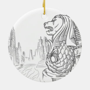 Sketch of Singapore Tourism Landmark - Merlion Ceramic Tree Decoration