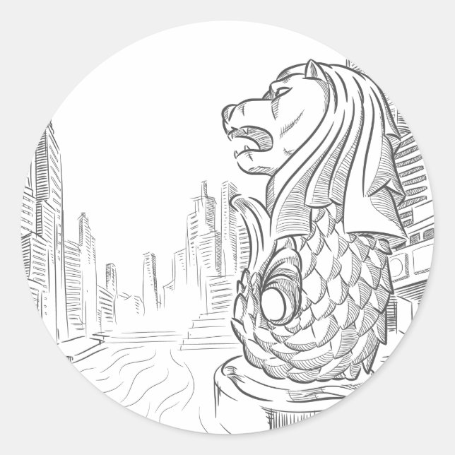 Sketch of Singapore Tourism Landmark - Merlion Classic Round Sticker (Front)