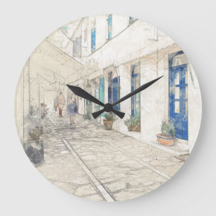 Sketch of Walking on traditioanal greek streets Large Clock