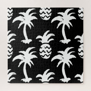 Sketch palm trees, pineapples, monochrome pattern. jigsaw puzzle