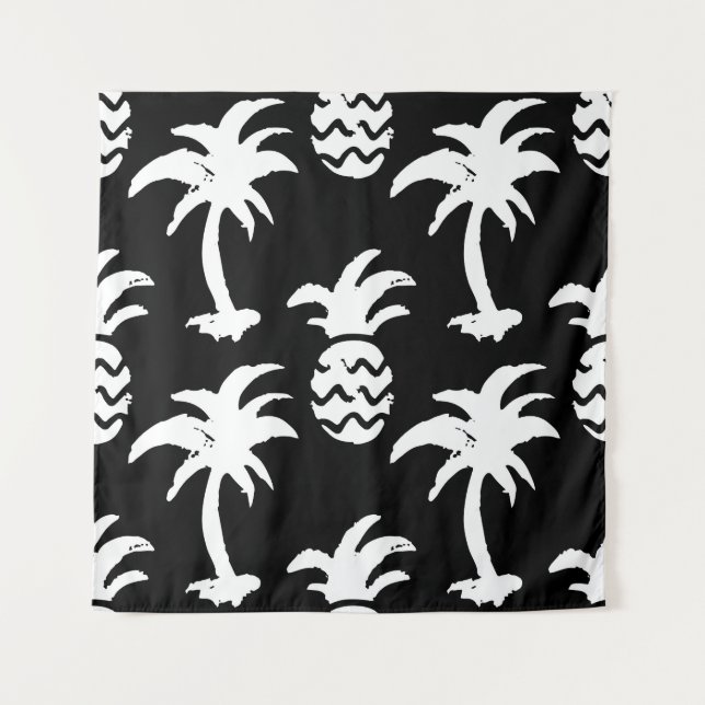Sketch palm trees, pineapples, monochrome pattern. tapestry (Front)