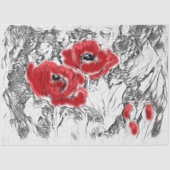 Sketch pencil hand drawn red poppy flowers beautif tissue paper (Front)