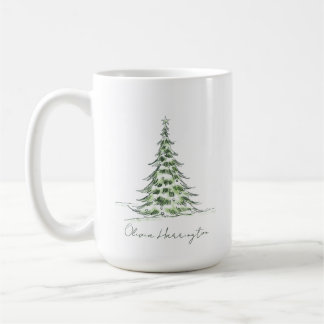 Sketch Pine Christmas Tree Minimal Script Name Coffee Mug
