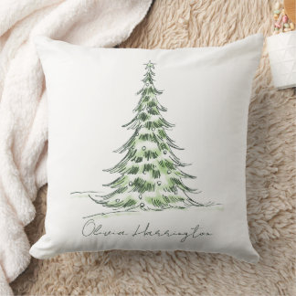 Sketch Pine Christmas Tree Minimal Script Name Cushion