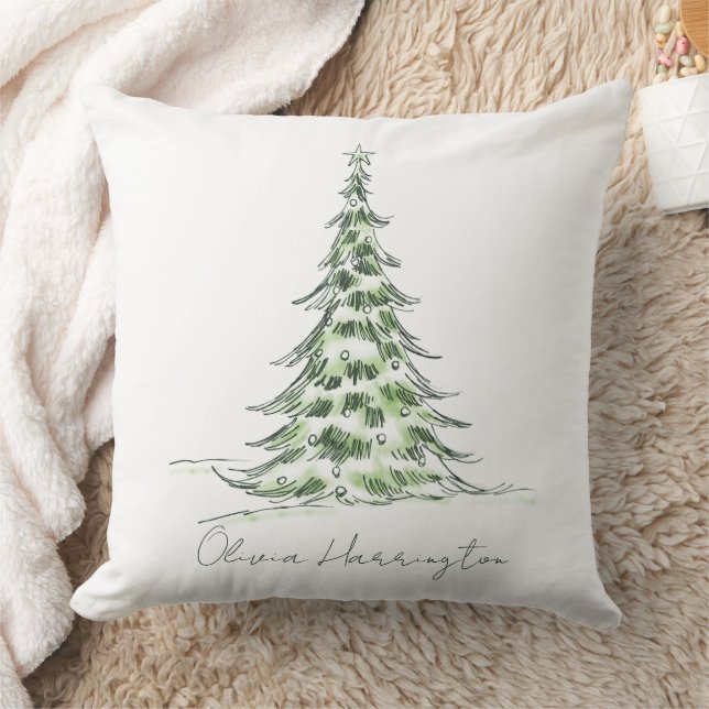 Sketch Pine Christmas Tree Minimal Script Name Cushion (Blanket)