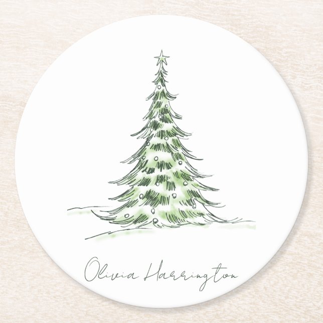 Sketch Pine Christmas Tree Minimal Script Name Round Paper Coaster (Front)