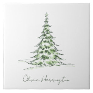 Sketch Pine Christmas Tree Minimal Script Name Tile