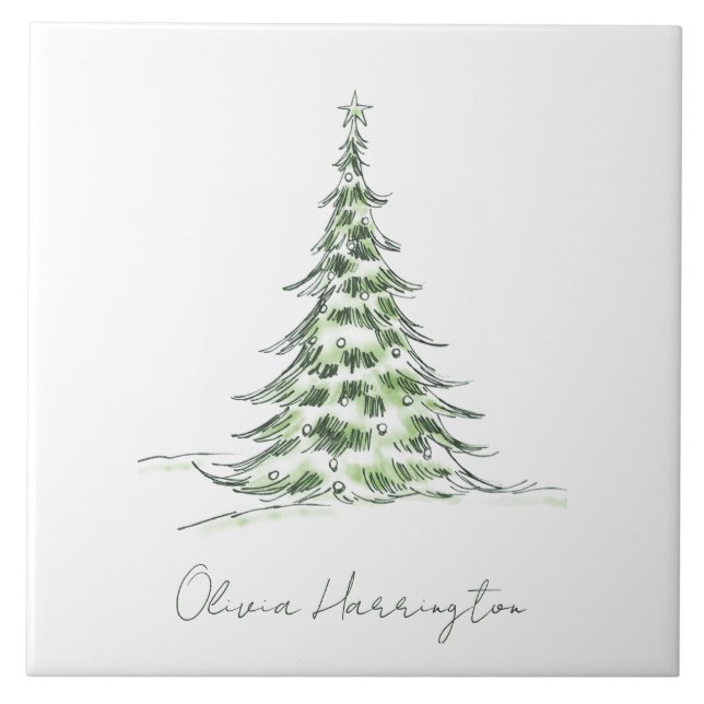 Sketch Pine Christmas Tree Minimal Script Name Tile (Front)