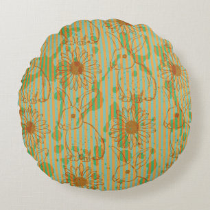 Sketch rabbit and chamomile, vintage seamless patt round cushion