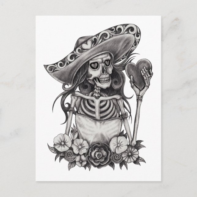 Sketch Skeleton Love Heart  Postcard (Front)