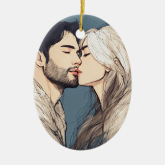 "Sketch Style Romance: Eurasian Woman and Russian  Ceramic Tree Decoration
