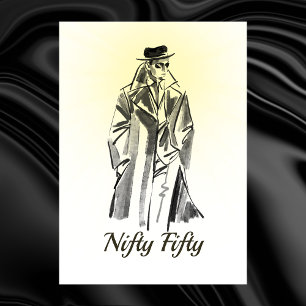 Sketch Vintage Men White Black Funny Nifty Fifty  Invitation