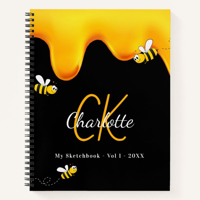 Sketchbook bees black honey drips monogram notebook (Front)