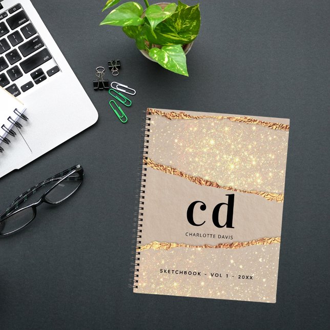Sketchbook beige gold agate marble monogram notebook (Creator Uploaded)
