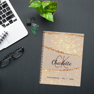 Sketchbook beige gold agate marble monogram notebook