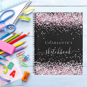 Sketchbook black blush pink glitter name script notebook