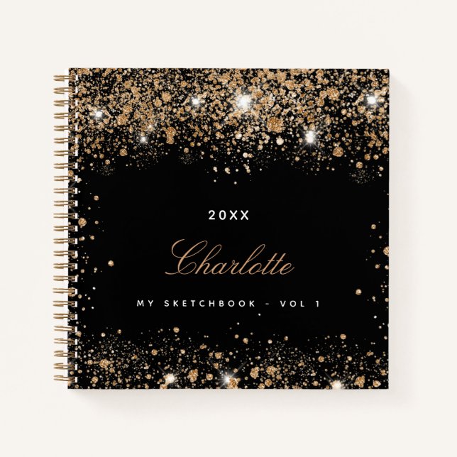 Sketchbook black gold glitter name script notebook (Front)