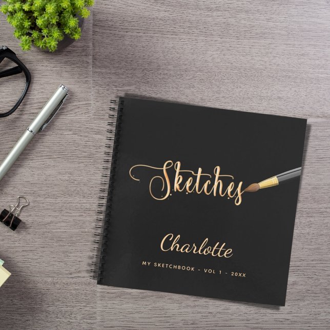 Sketchbook black gold paint brush script name notebook (Creator Uploaded)