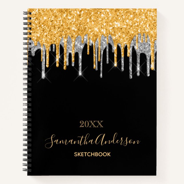 Sketchbook black gold silver glitter drips name notebook (Front)