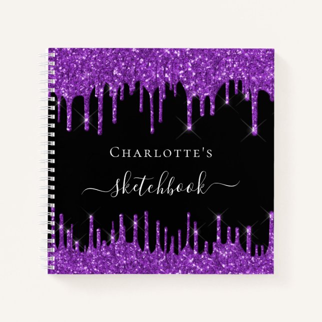 Sketchbook black purple glitter drips name script notebook (Front)