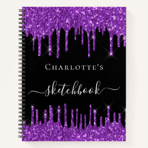 Sketchbook black purple glitter drips name script notebook