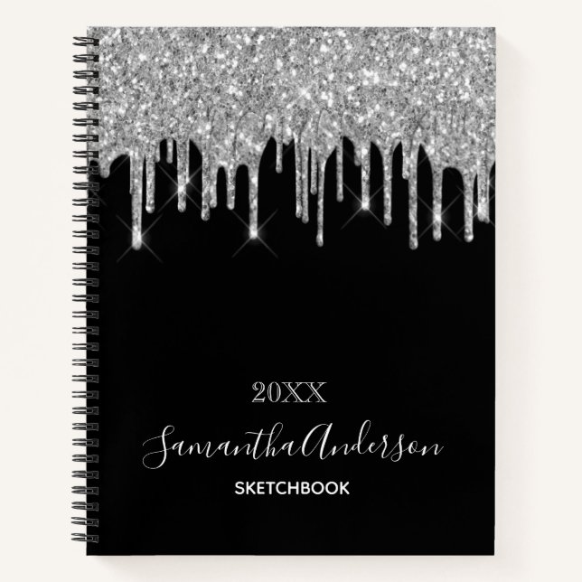 Sketchbook black silver glitter drips name script notebook (Front)