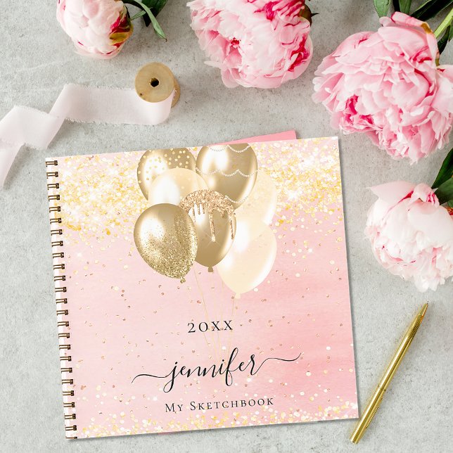 Sketchbook blush pink gold name sparkles balloons notebook (Creator Uploaded)