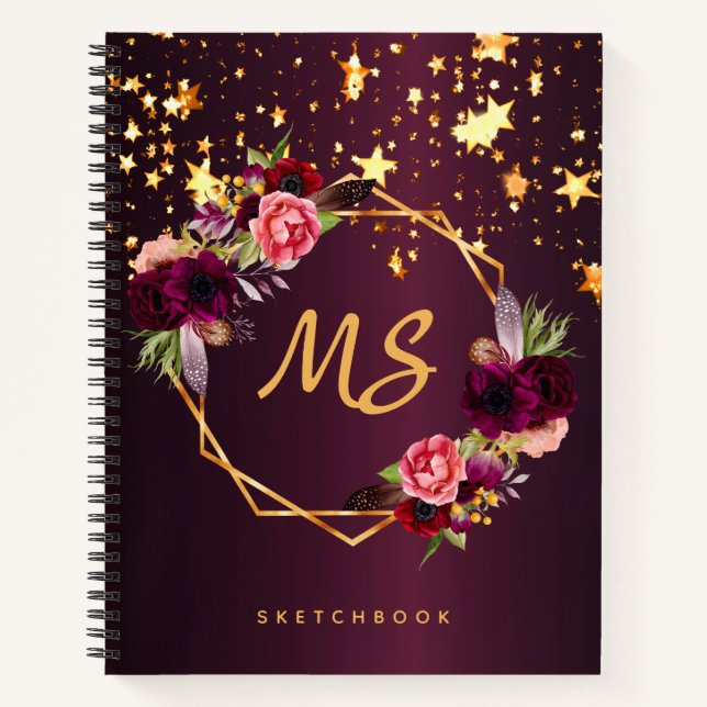Sketchbook burgundy florals gold stars monogram notebook (Front)