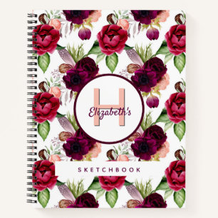 Sketchbook burgundy flowers monogram notebook