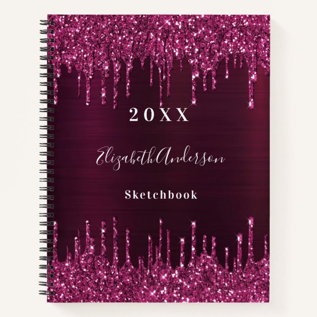 Sketchbook burgundy glitter drips name notebook (Front)